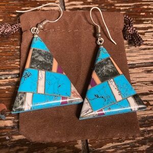 Vintage inlaid earrings multicolored. Pierced large unique design